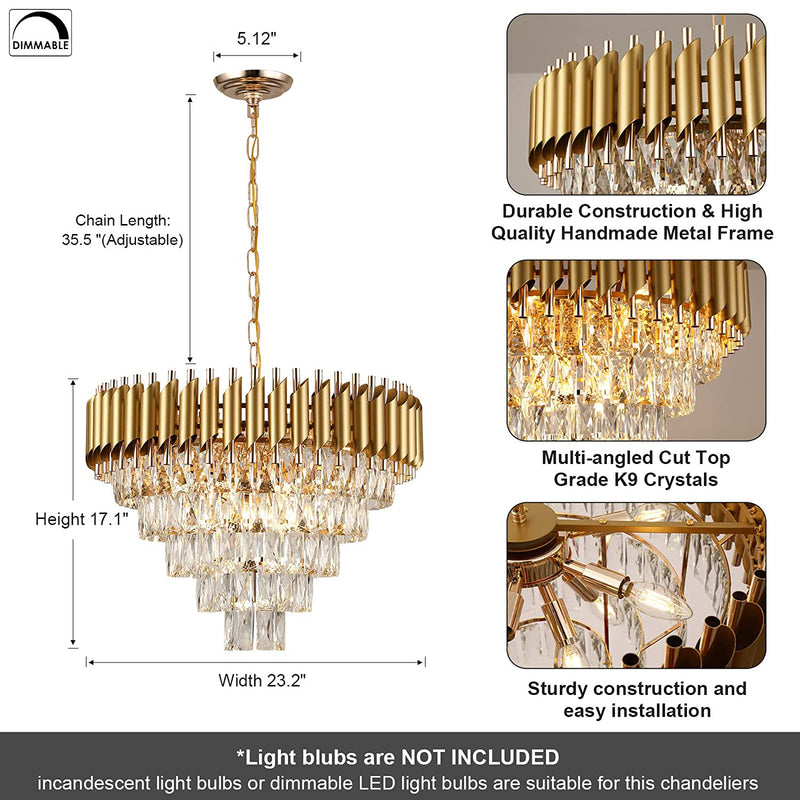 Modern Crystal Chandelier Gold, 24" Round Chandeliers for Dining Room